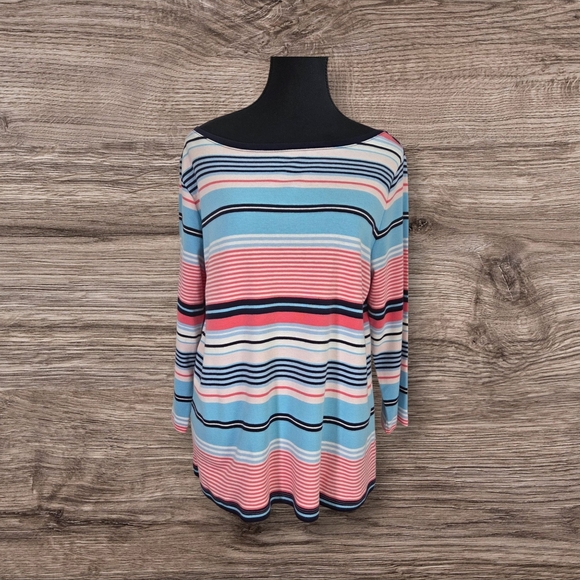 Talbots Blue and Pink Striped 3/4 Sleeve Top Size XL - Picture 1 of 5